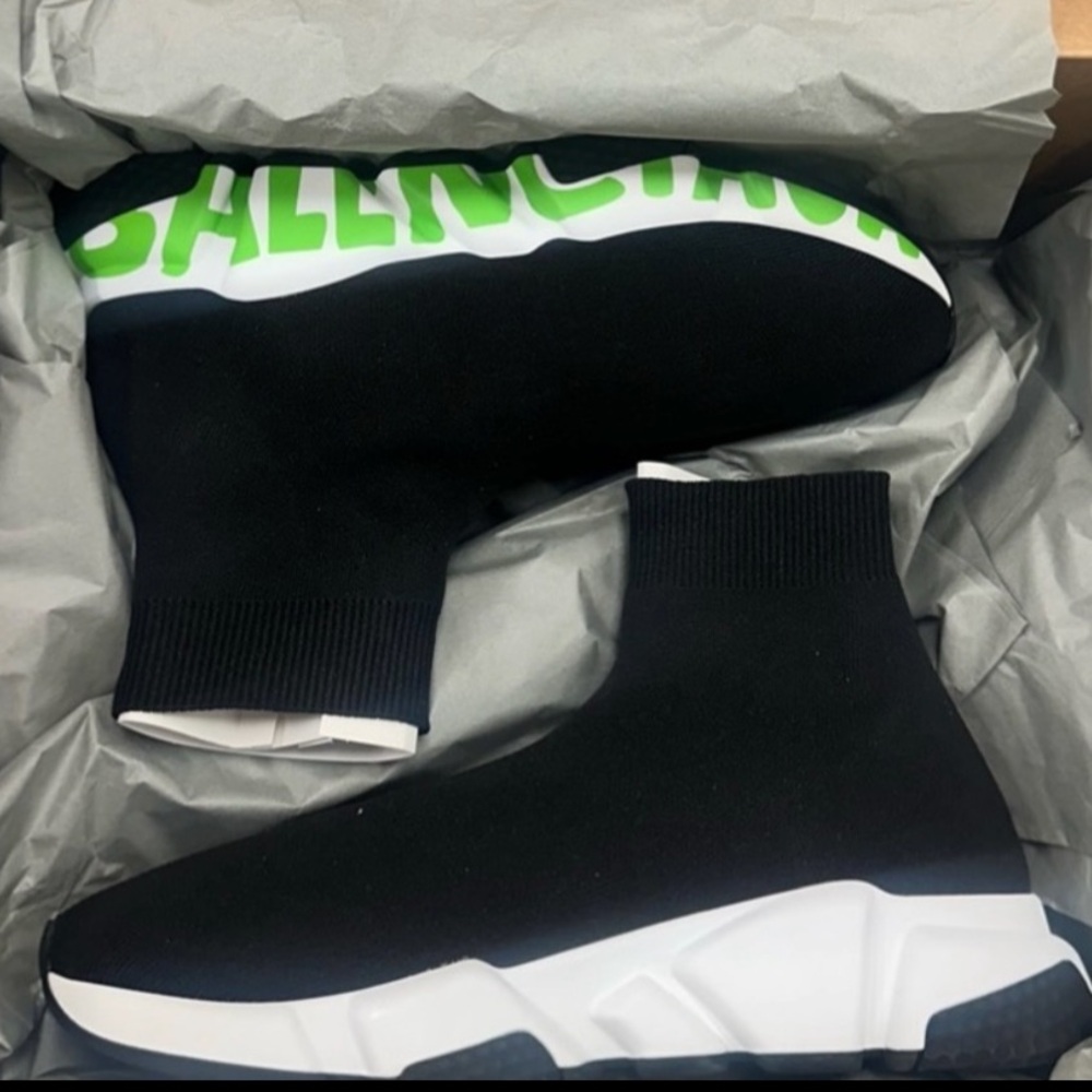 Balenciaga Black and White Sock Shoes with Green Logo